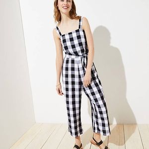 LOFT‎ Gingham Smocked Back Tie Waist Jumpsuit
